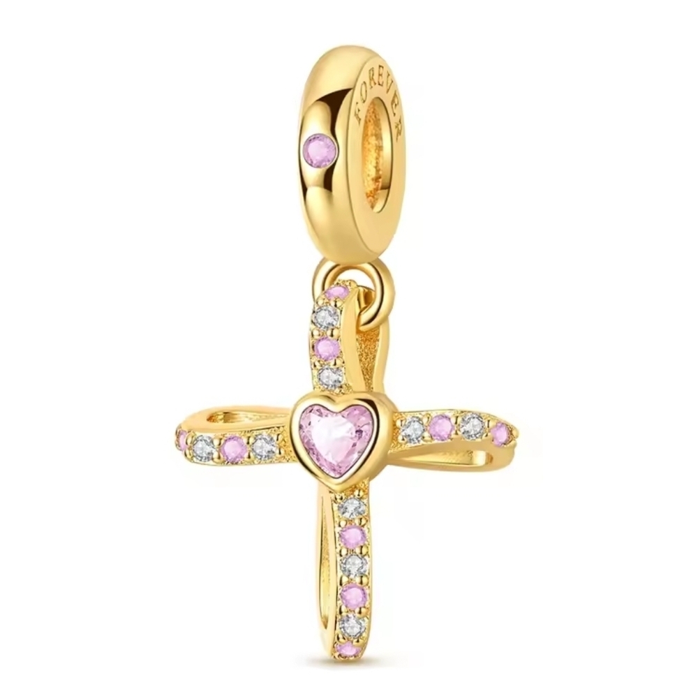 Gold and Pink Diamond Heart Cross Dangle Charm Sterling Silver 925